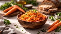 Karottensalat, aromatisch und saftig: einfaches würziges Dressing, um den Geschmack des Gerichts zu unterstreichen